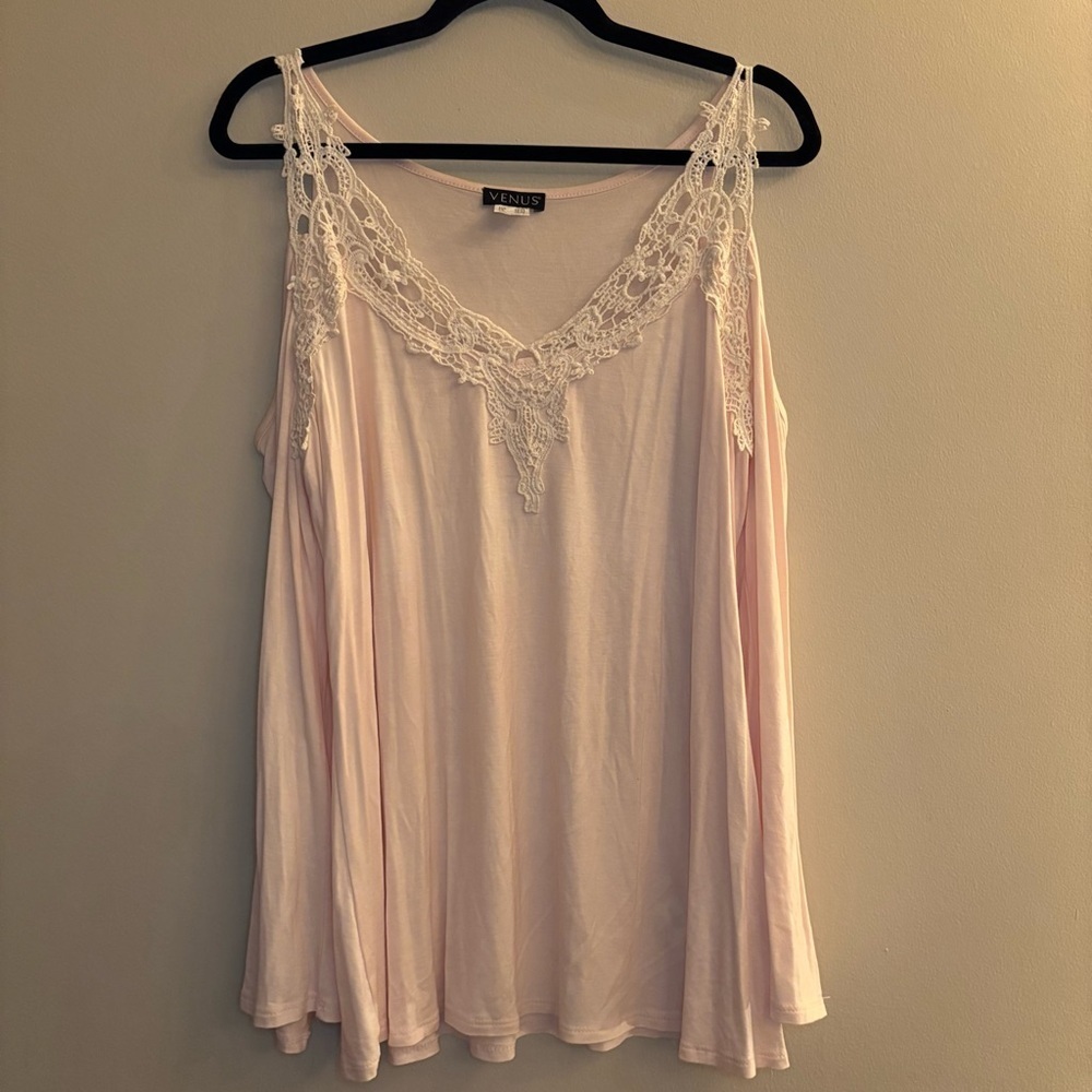 VENUS Pink Long-sleeve Shirt with White Lace V-Neck Size L